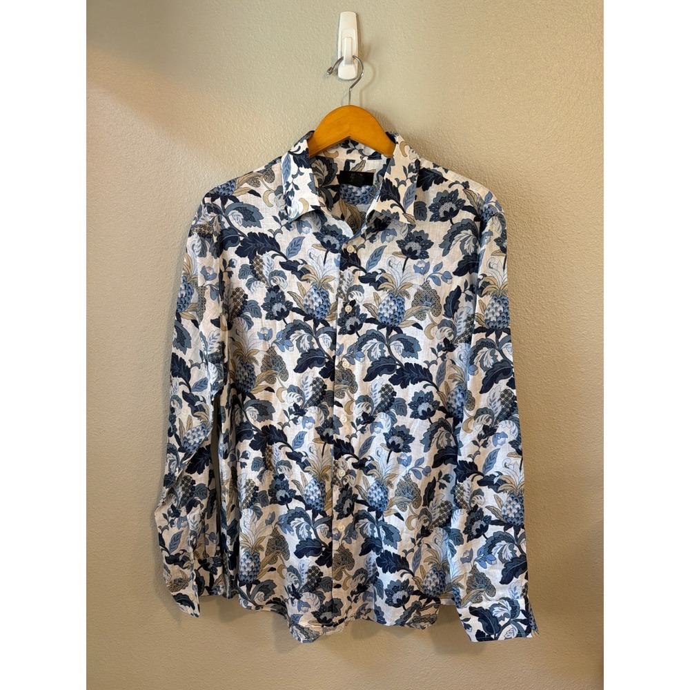 Club Room Linen Button Down Shirt Womens Lg Blue Floral Vaca Beach Luxury
